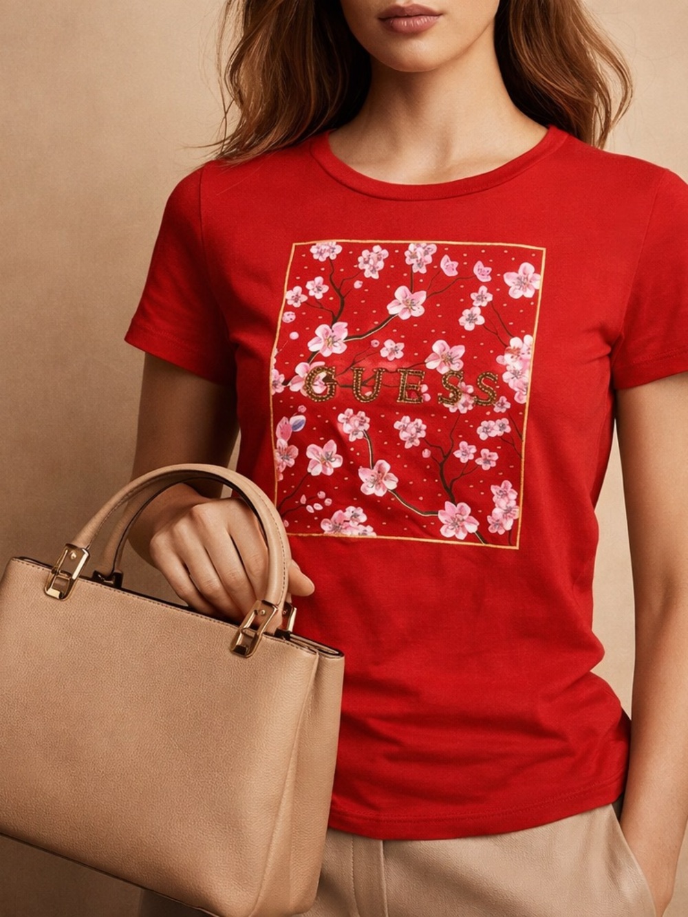 GUESS Red Floral Logo Tee with Cherry Blossom Print